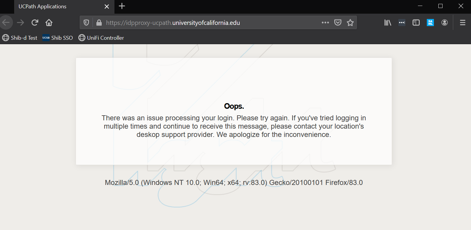 UCPath oops error screenshot